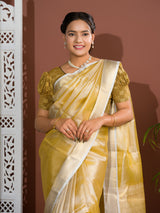tissue silk Banarasi saree with zari weaving, in orange and yellow colors
