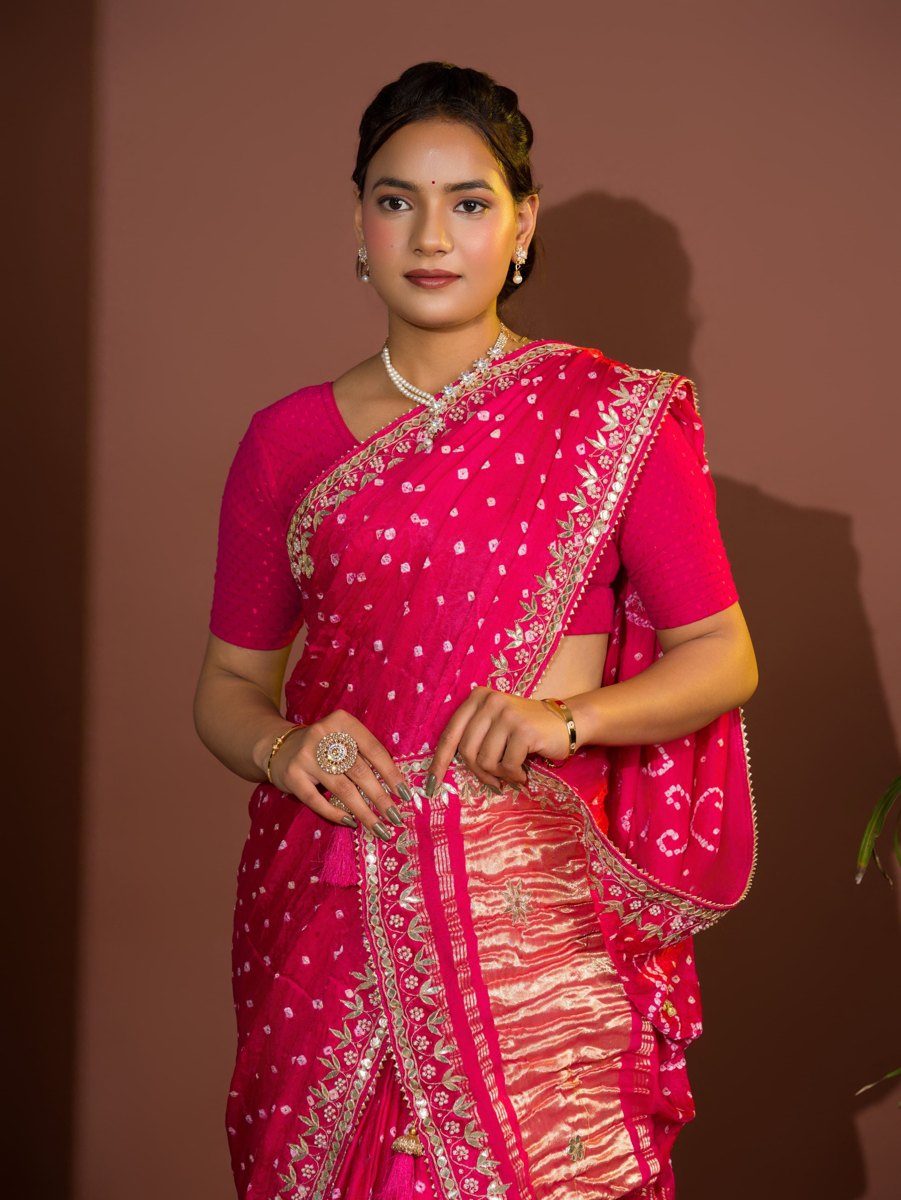 Gaji Silk Bandhej Gotapatti Work Saree