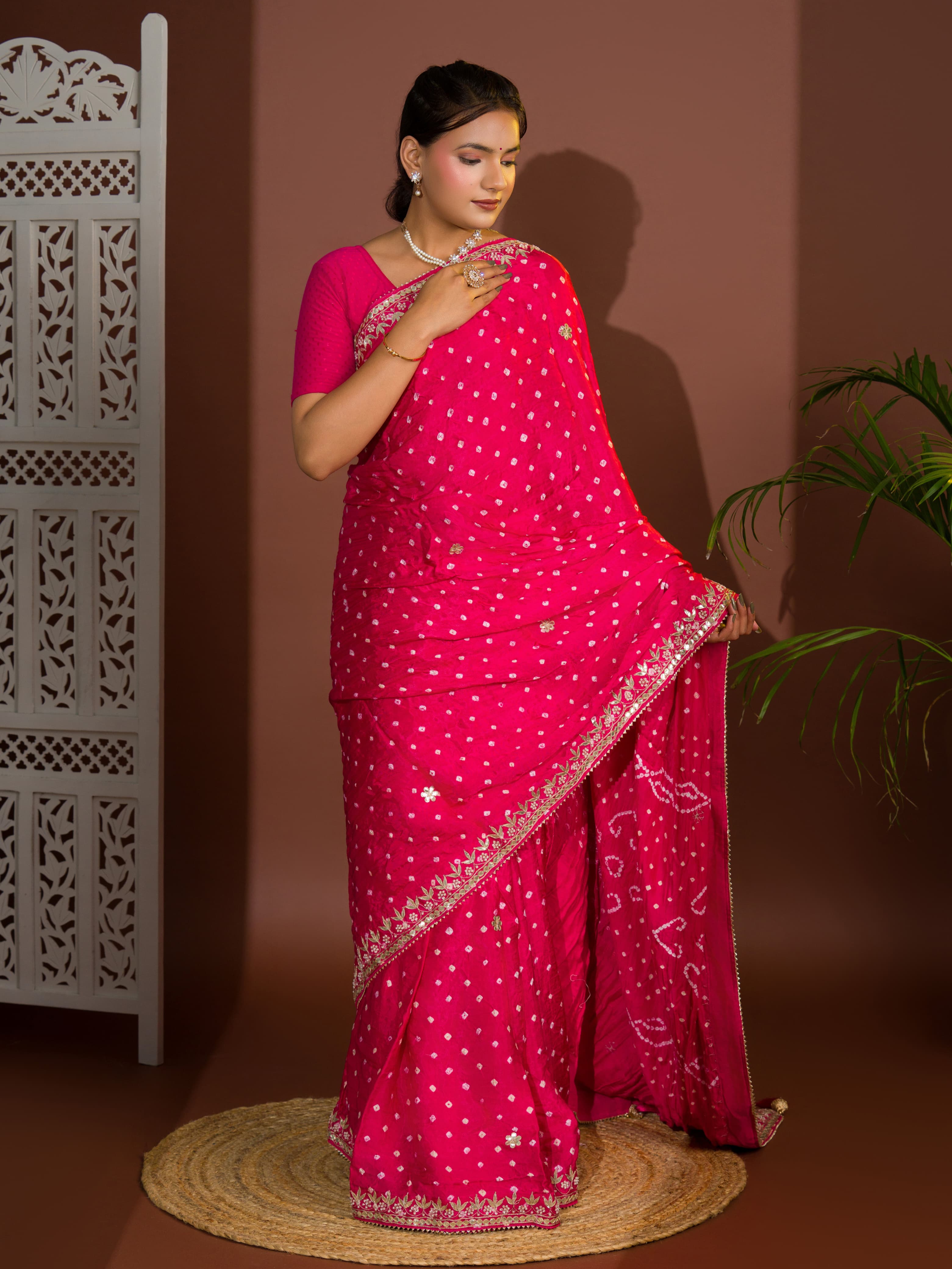 Gaji Silk Bandhej Gotapatti Work Saree