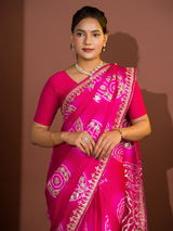 Apink and red bandhej gotapatti laddu bandhej saree