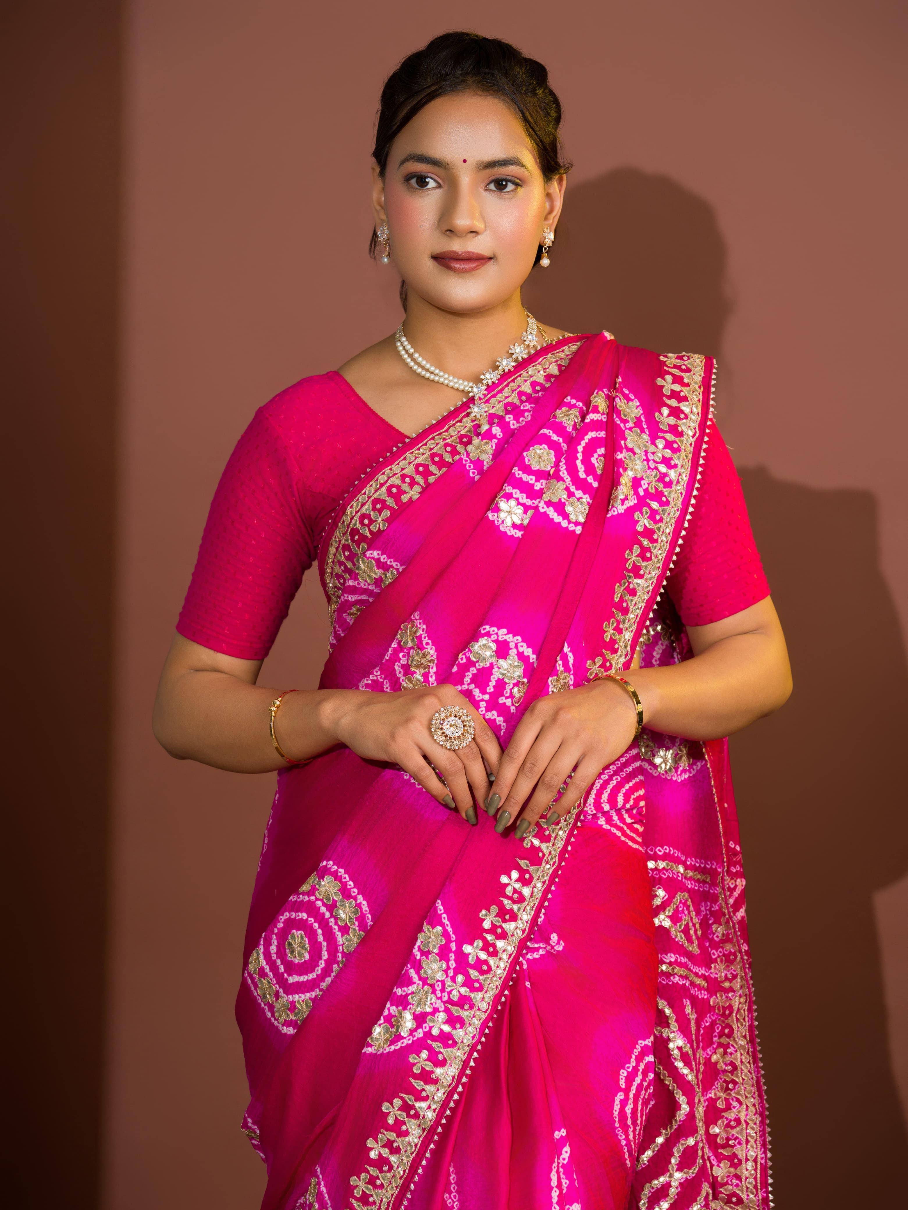 Apink and red bandhej gotapatti laddu bandhej saree