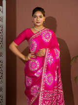 Apink and red bandhej gotapatti laddu bandhej saree