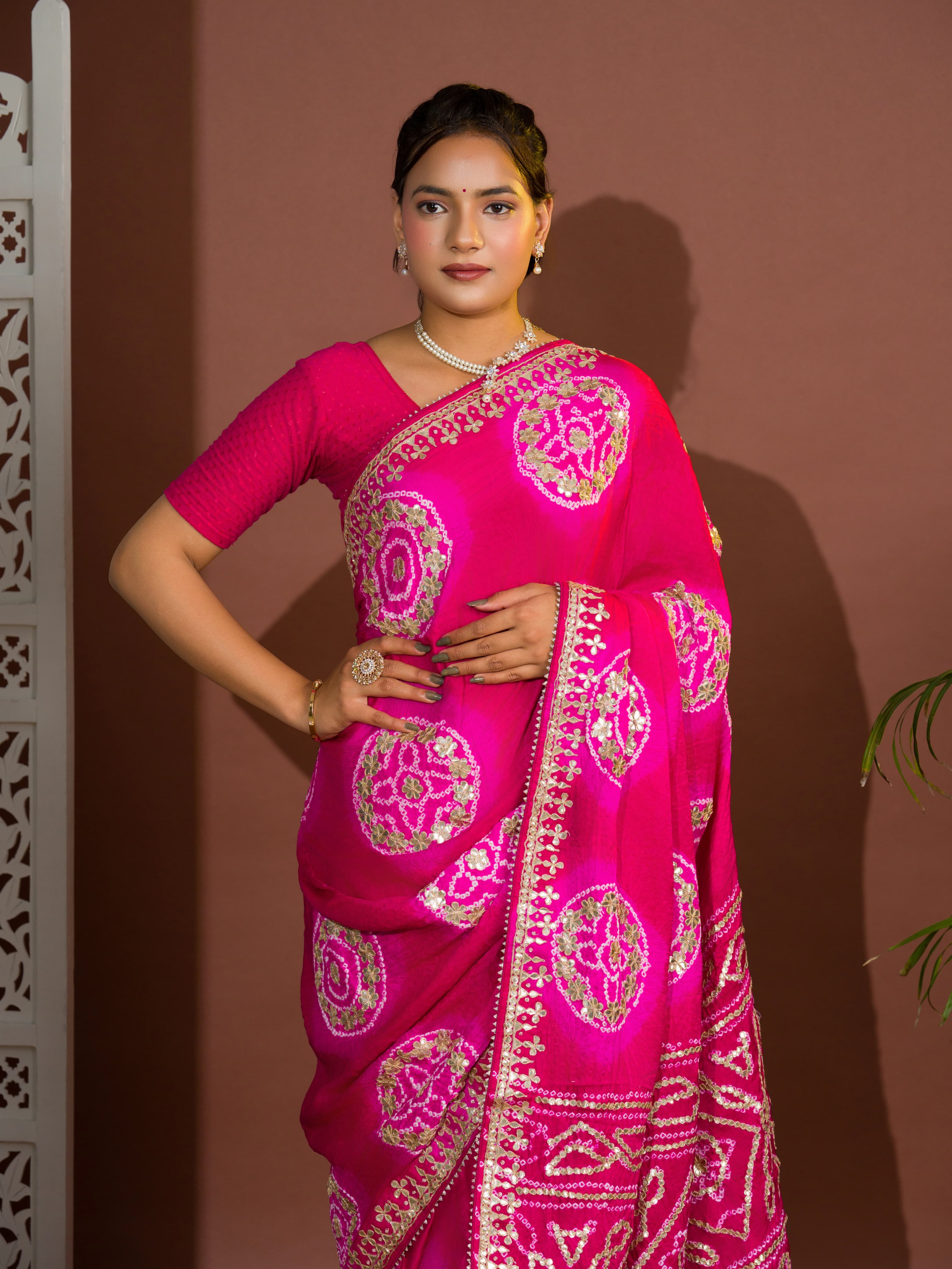 Apink and red bandhej gotapatti laddu bandhej saree