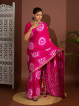 Apink and red bandhej gotapatti laddu bandhej saree