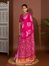 Apink and red bandhej gotapatti laddu bandhej saree