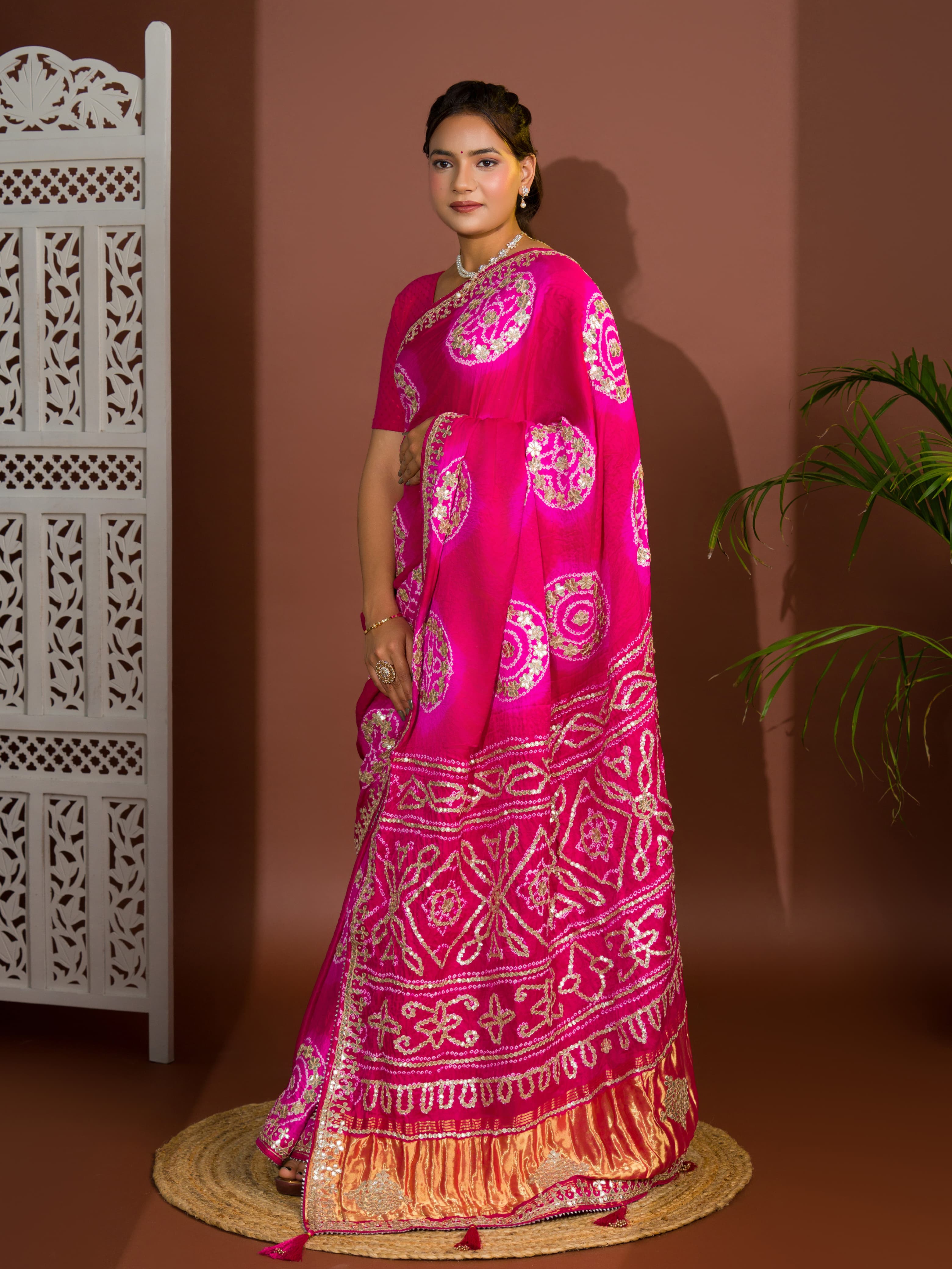 Apink and red bandhej gotapatti laddu bandhej saree