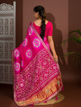 Apink and red bandhej gotapatti laddu bandhej saree