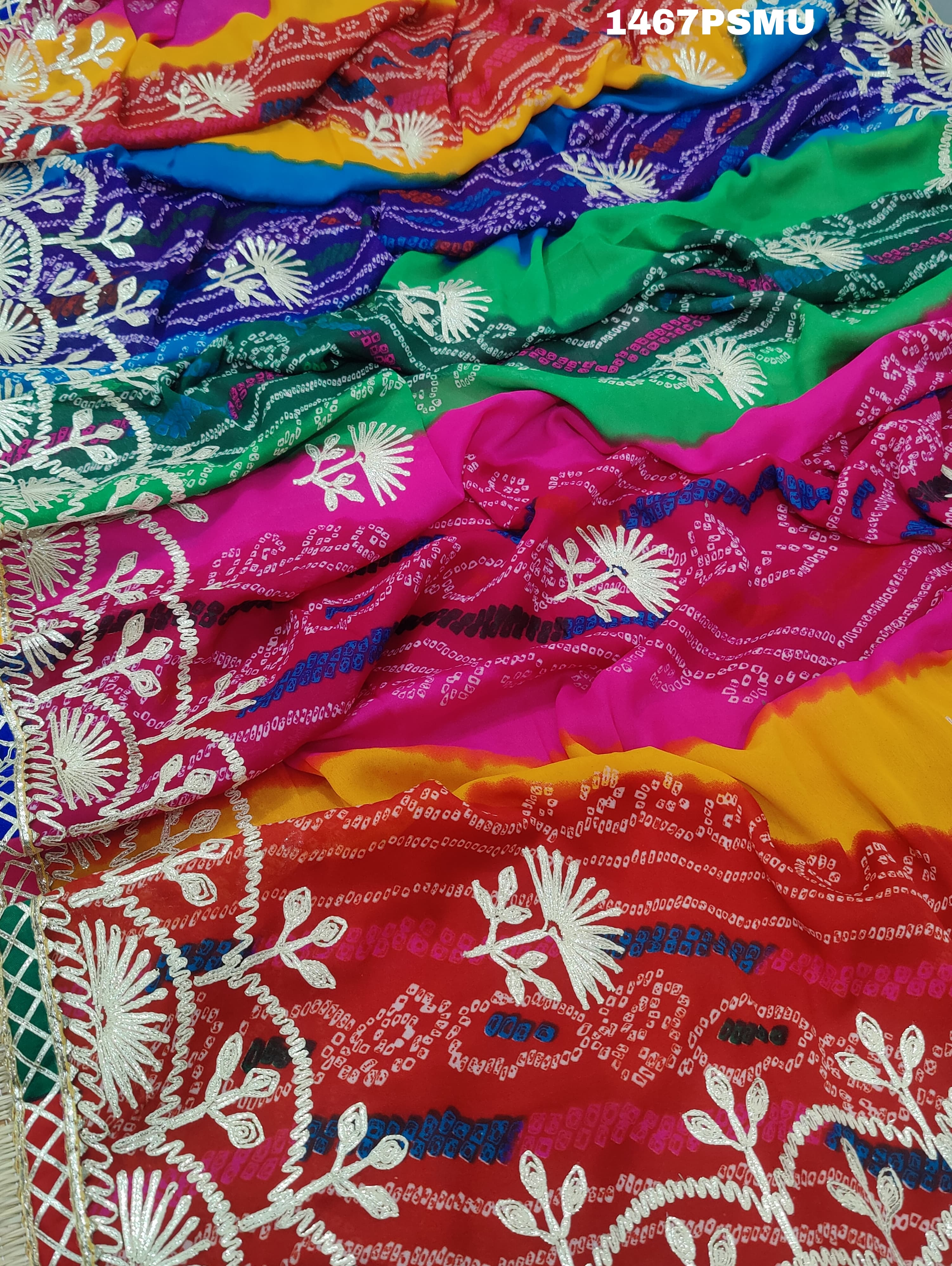 Chiffon Multi Print Bandhani Kacha Gotapatti Work Saree