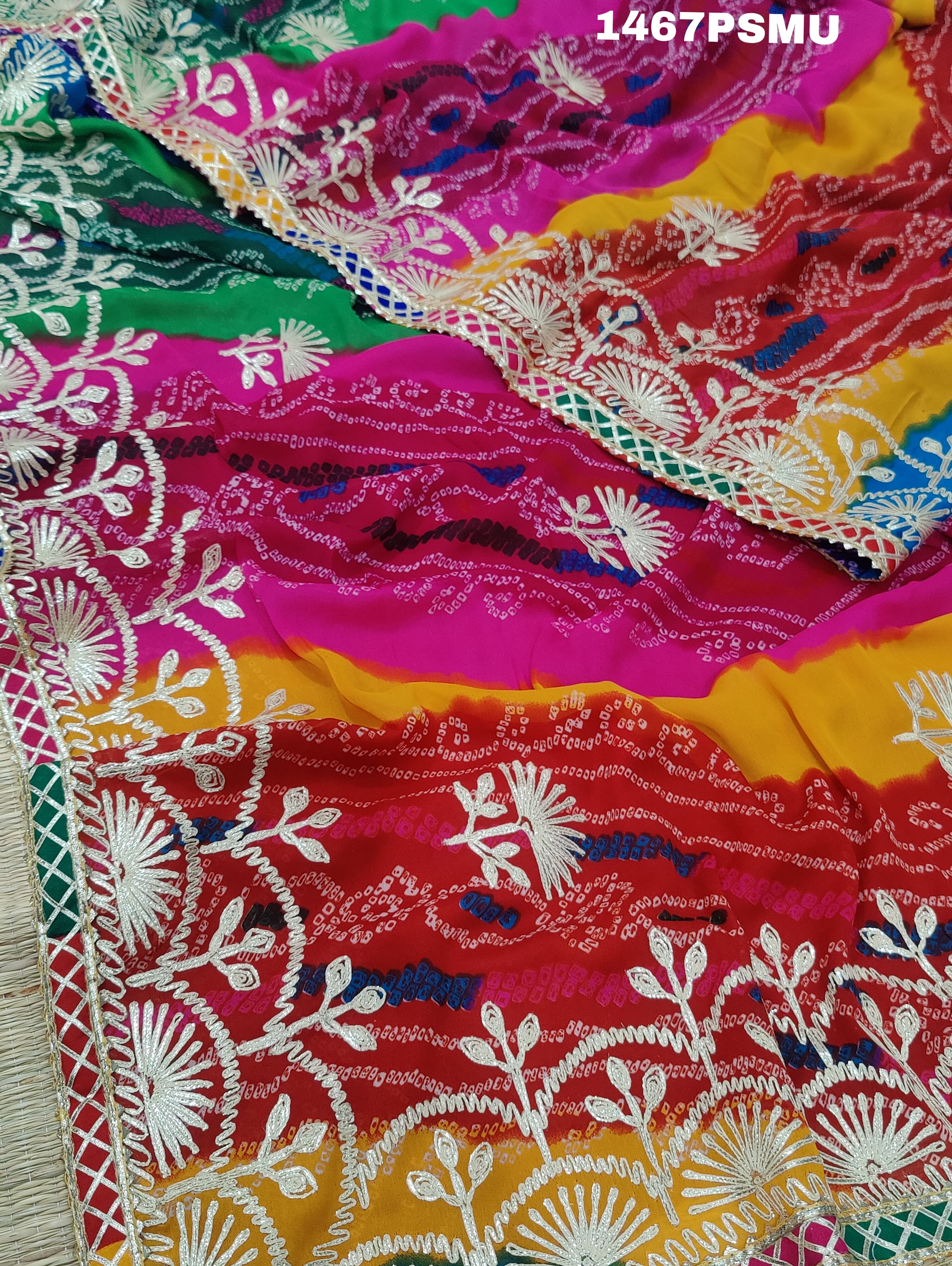 Chiffon Multi Print Bandhani Kacha Gotapatti Work Saree