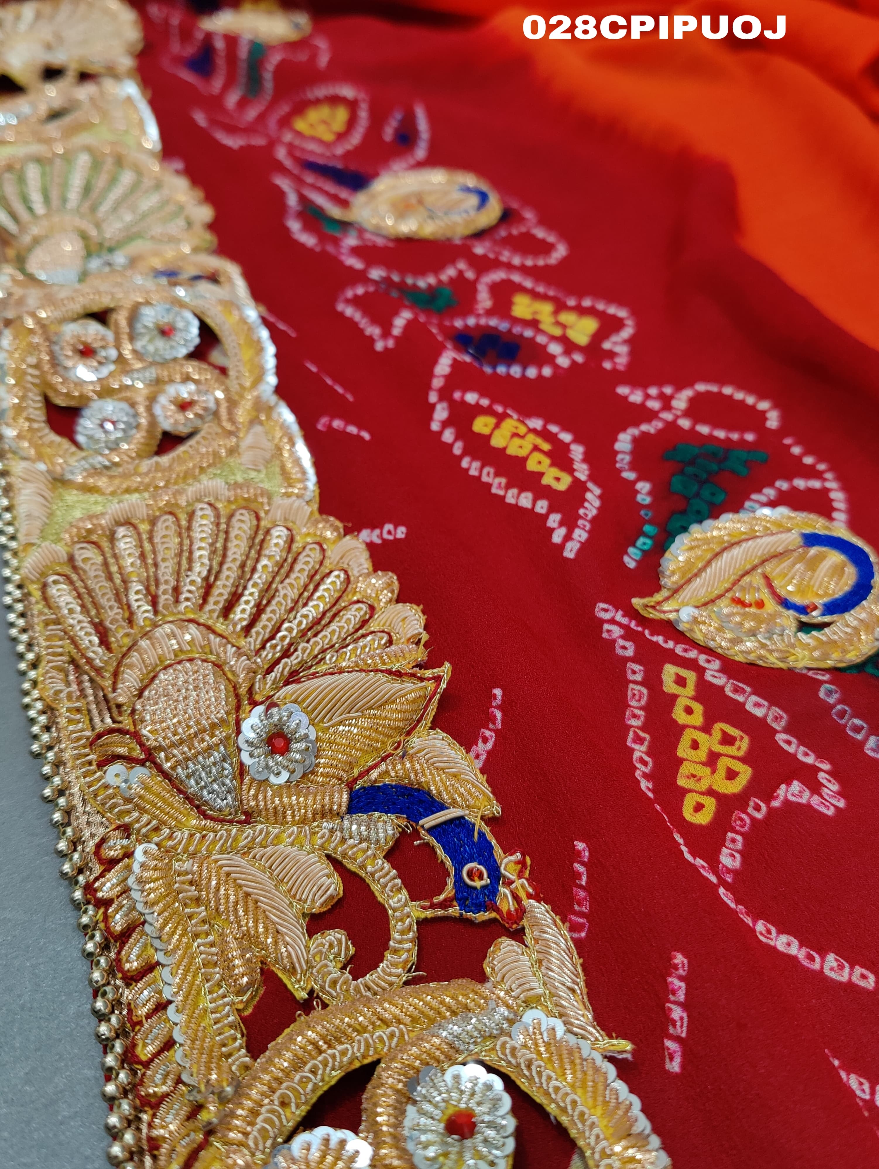 KcPc Latest Ethnic Indian Marriage Bridal Chunri Pila Odhna in Peacock Belbuti Work Pila (Pure Ojariya fabric)