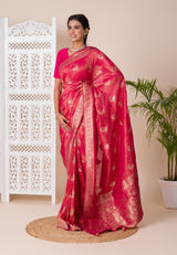 A red and golden Banarasi style saree with zari weaving,
