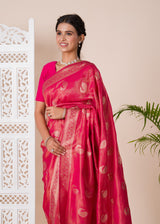 A red and golden Banarasi style saree with zari weaving,