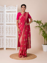 A red and golden Banarasi style saree with zari weaving,