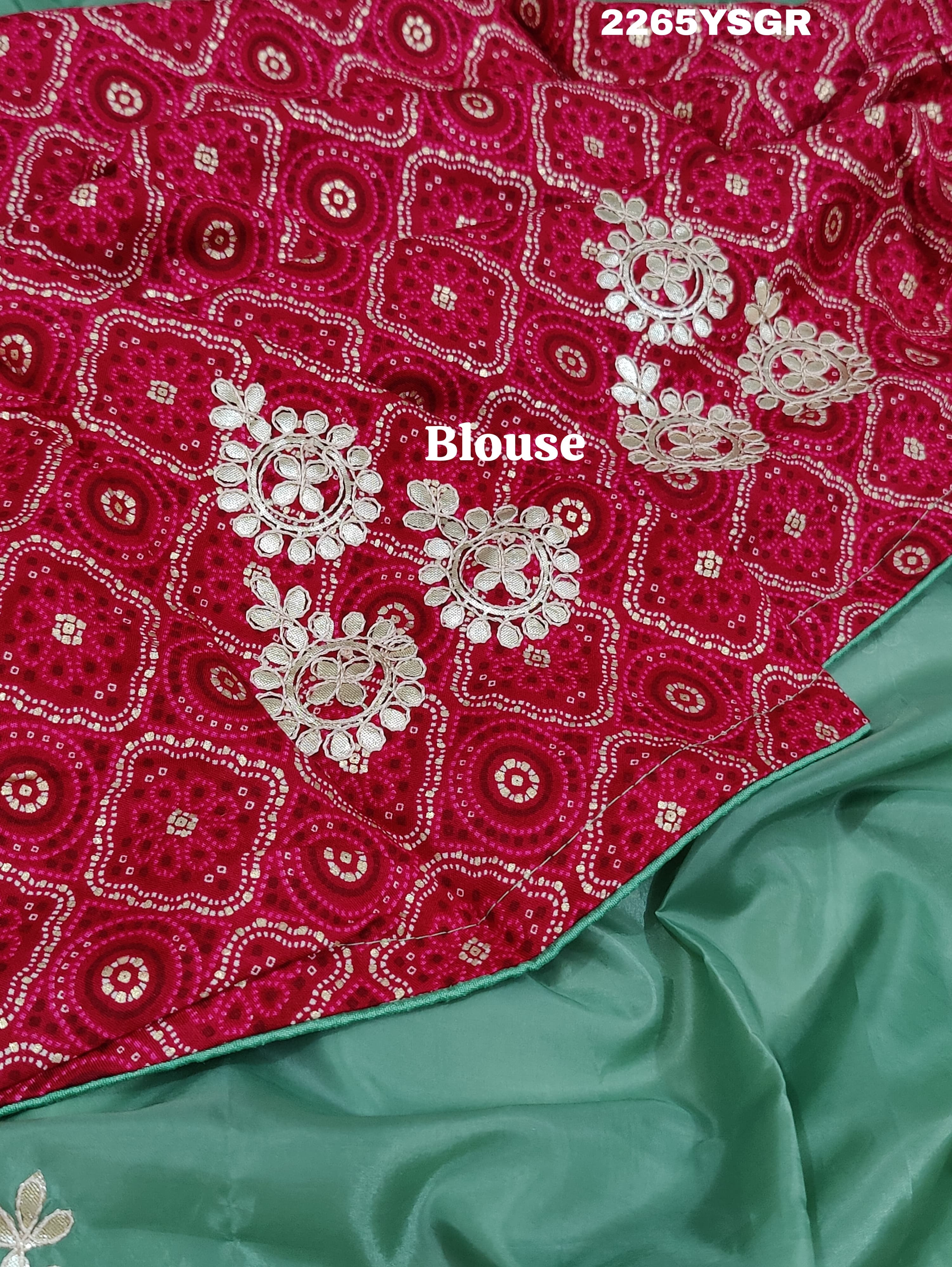 A green saree with tissue silk texture and Gotapatti work embroidery.