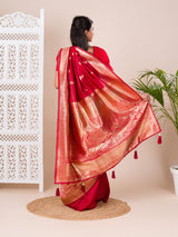 A red Dola Silk Kanjivaram style saree with Banarasi weaving work under 1000