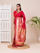 A red Dola Silk Kanjivaram style saree with Banarasi weaving work under 1000