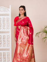 A red Dola Silk Kanjivaram style saree with Banarasi weaving work under 1000