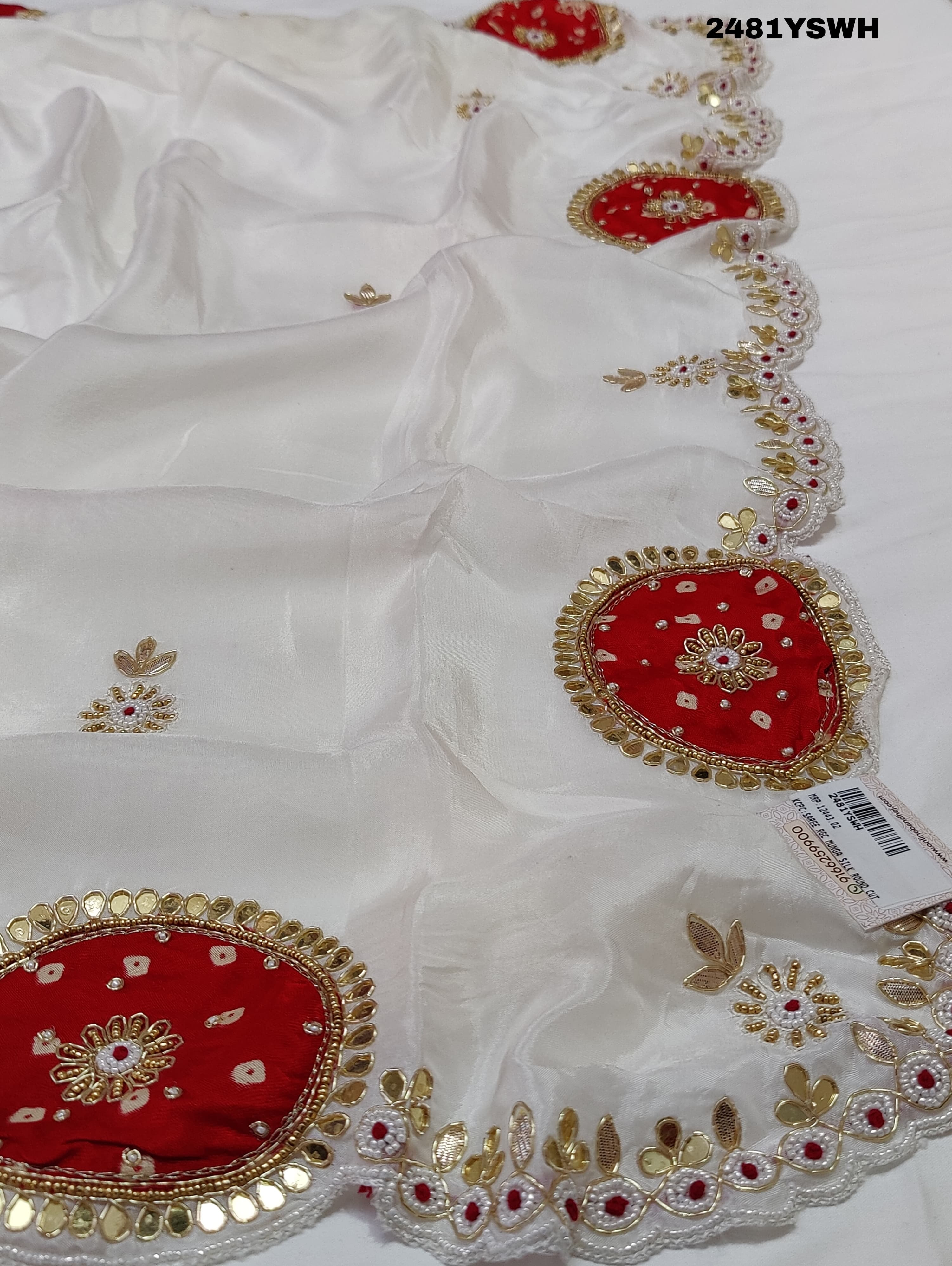 White chinon silk saree with red cutdana mirror work and white beads
