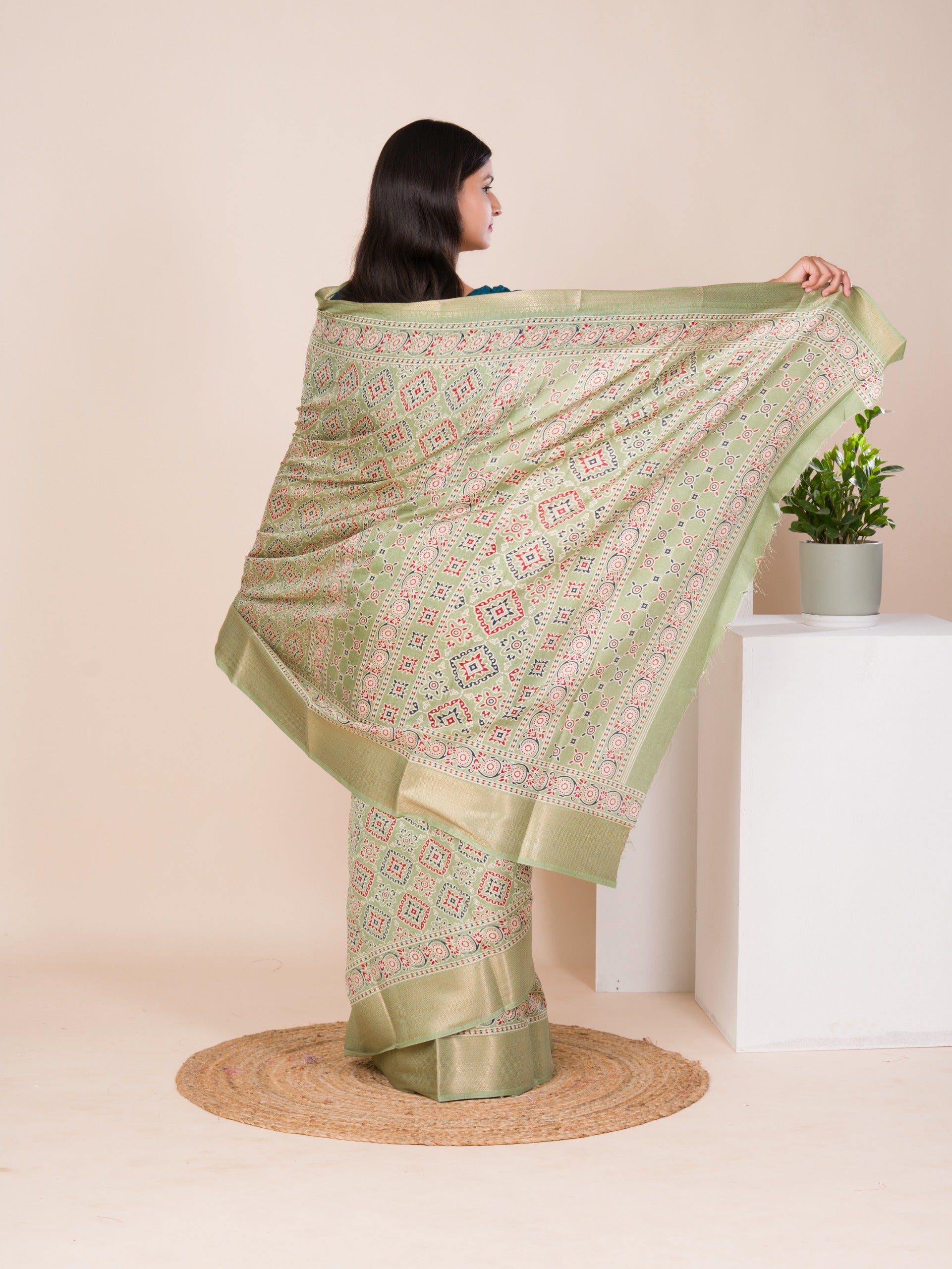 Cotton silk Ajrakh styleSaree under 1000