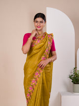 tissue silk Bollywood Style with Kashida work saree in yellow colour