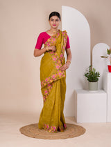 tissue silk Bollywood Style with Kashida work saree in yellow colour
