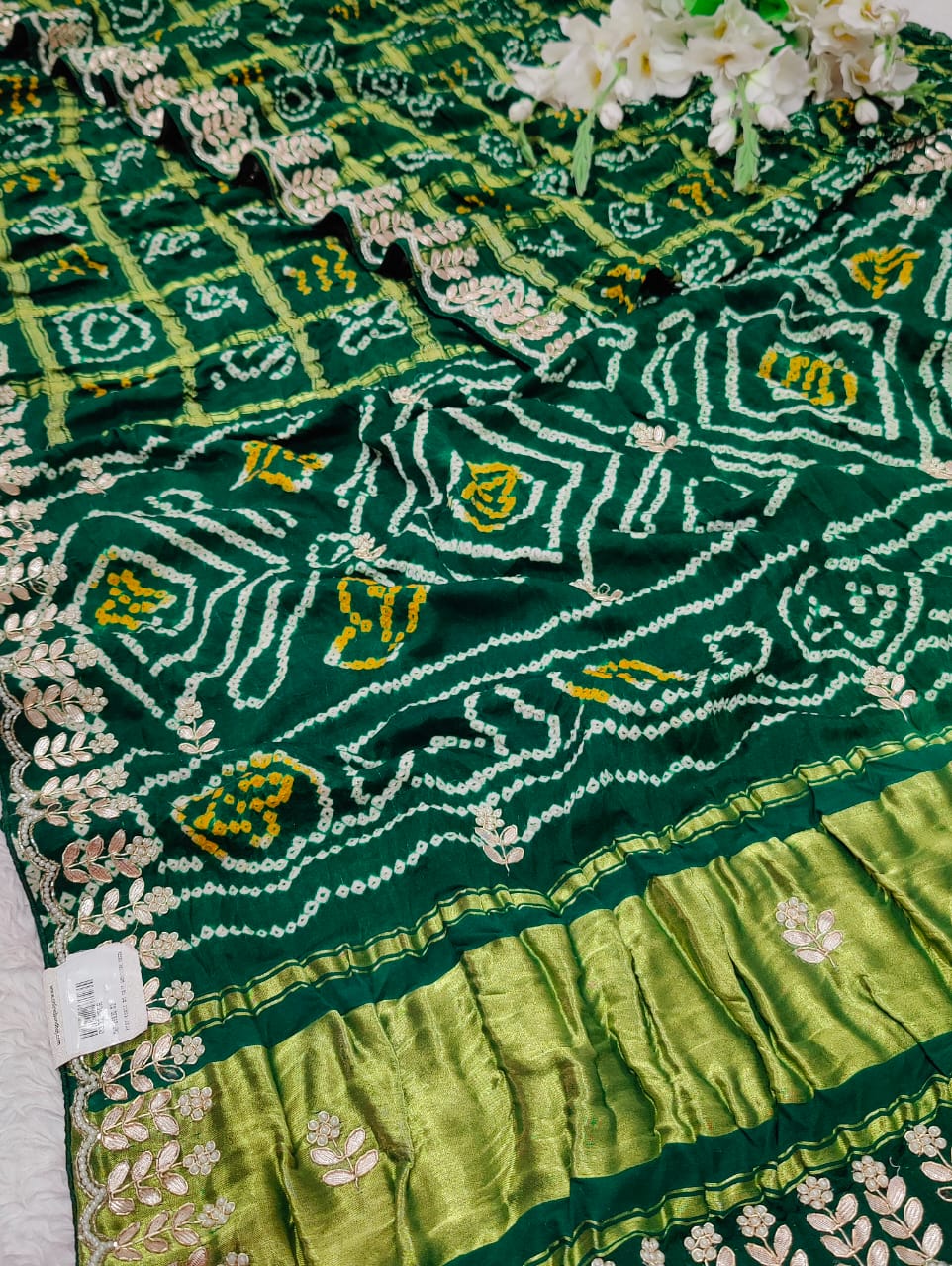 Agreen pure gaji silk saree with bandhani and gotapatti