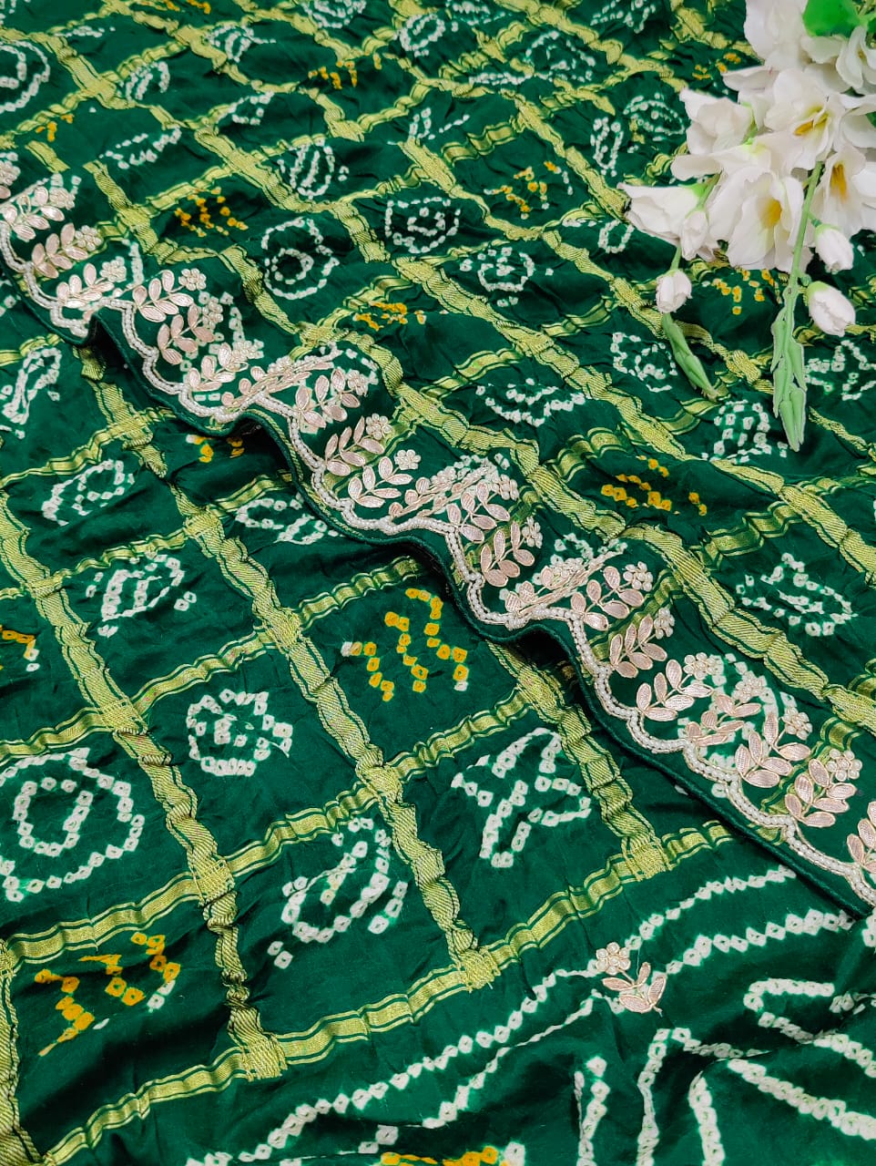 Agreen pure gaji silk saree with bandhani and gotapatti