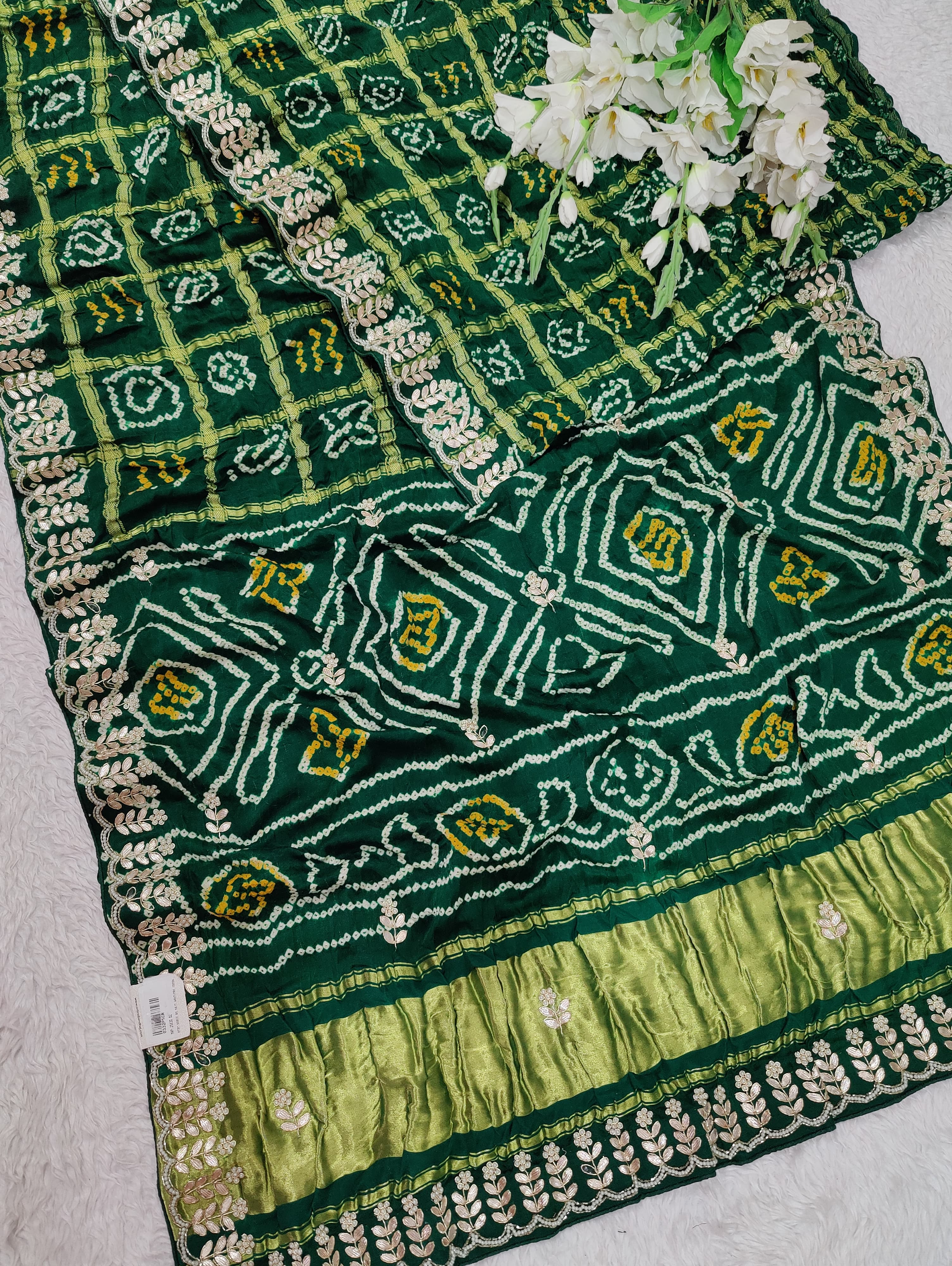 Agreen pure gaji silk saree with bandhani and gotapatti