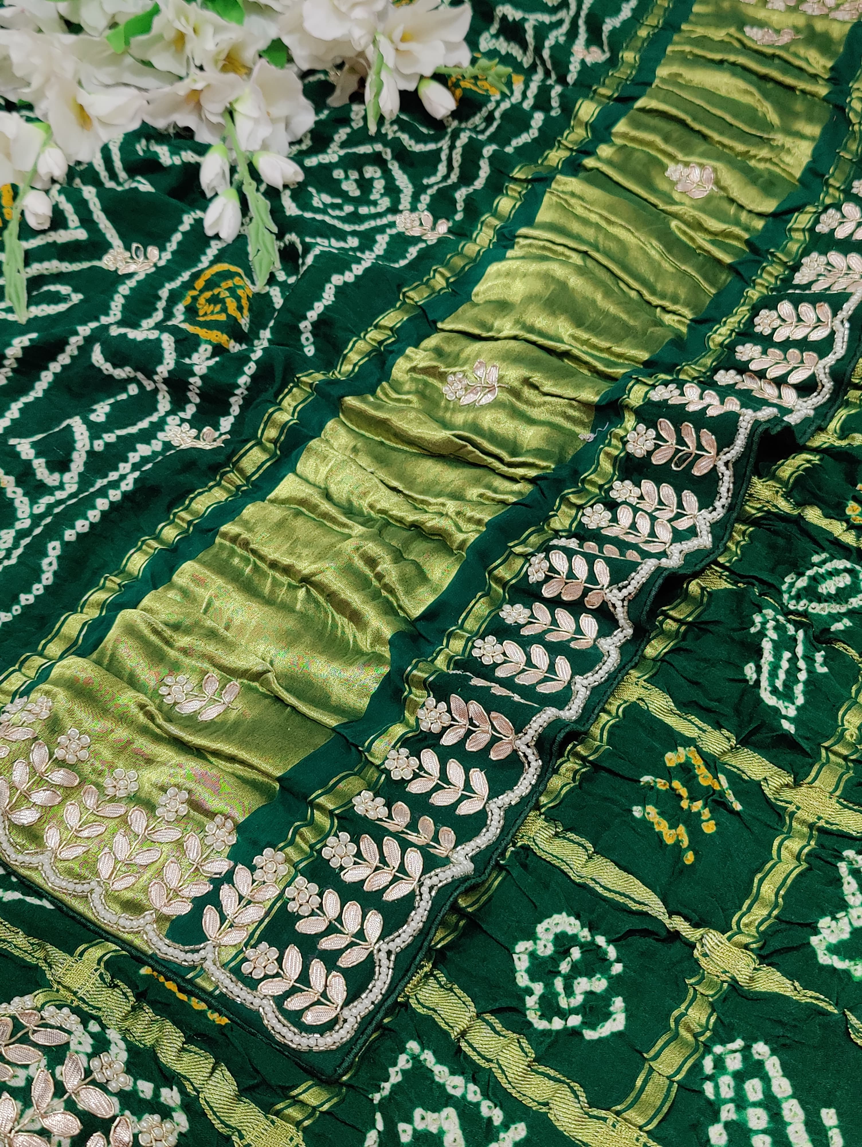 Agreen pure gaji silk saree with bandhani and gotapatti