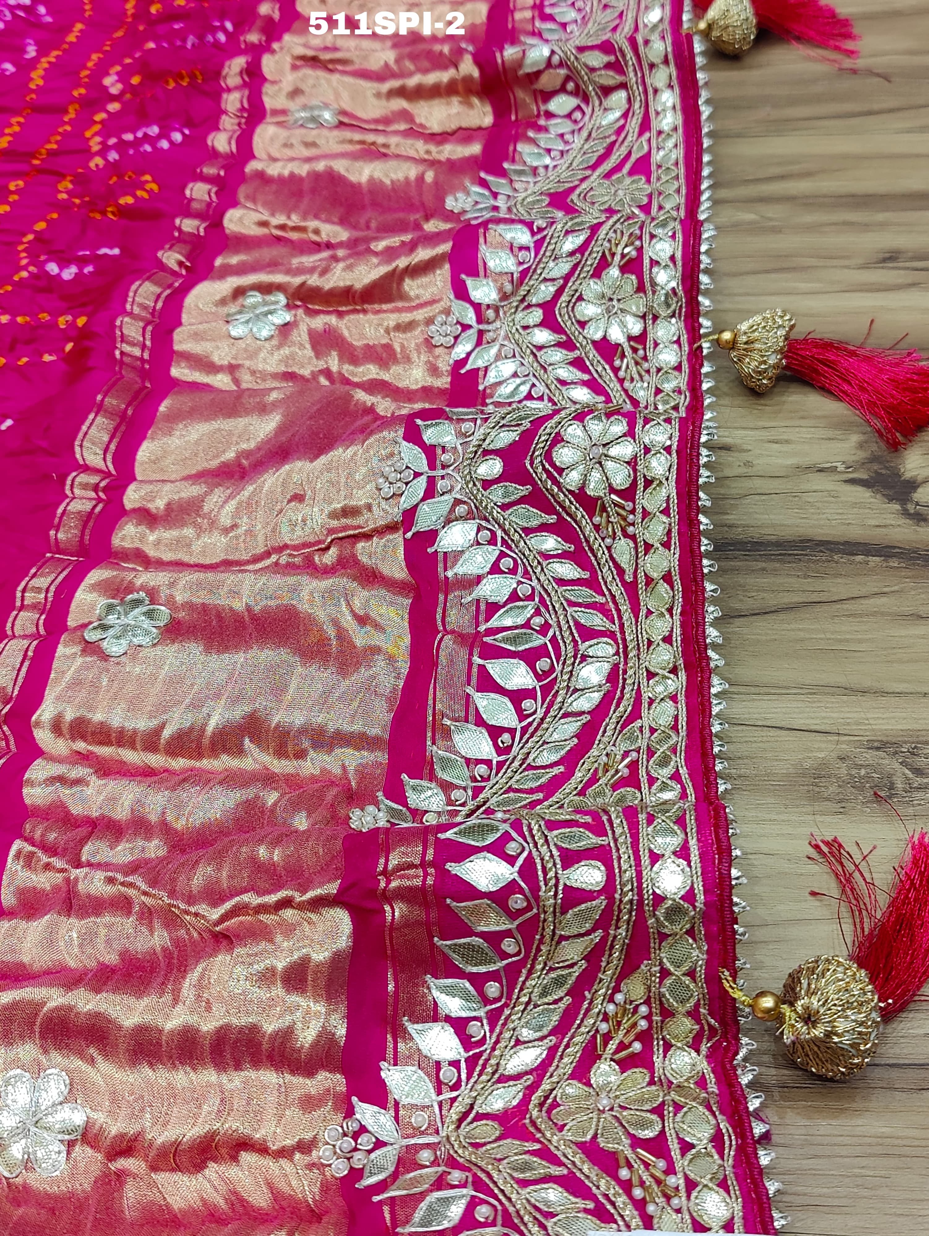 beautiful saree is made of soft Pure Gaji Silk with a traditional Bandhani style design
