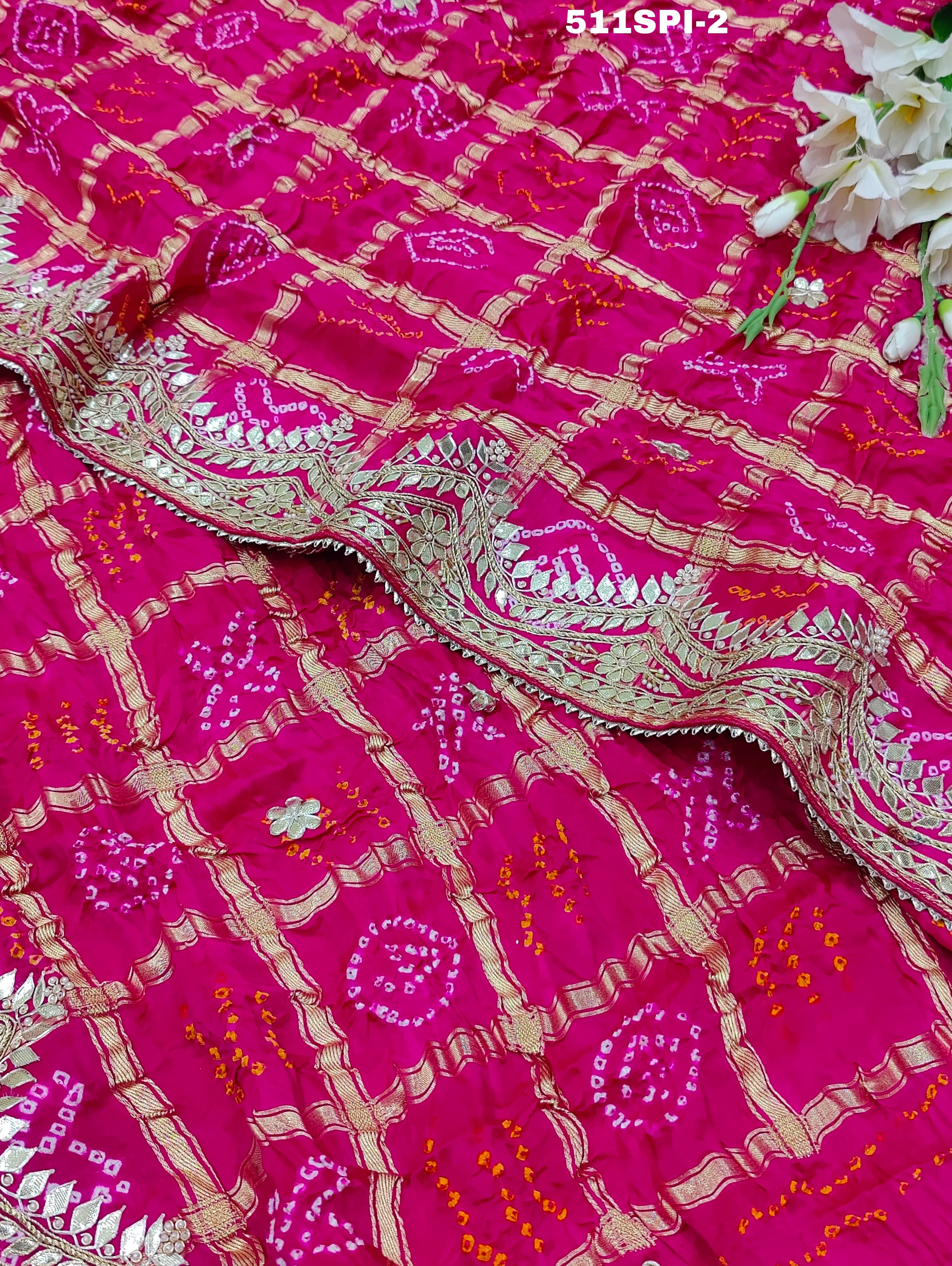 beautiful saree is made of soft Pure Gaji Silk with a traditional Bandhani style design