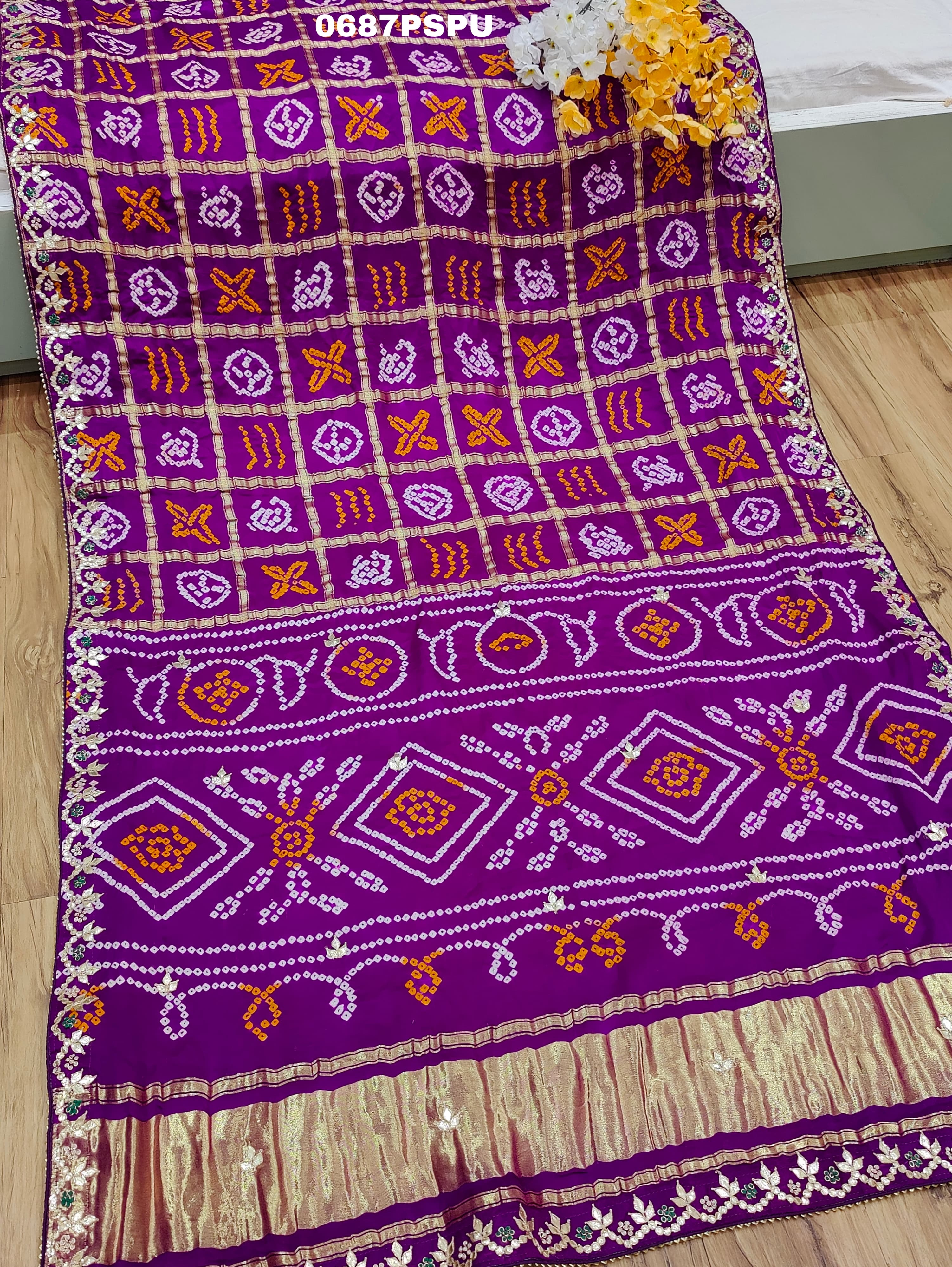 Pure Gaji silk Bandhani Hand Gotapatti Work saree