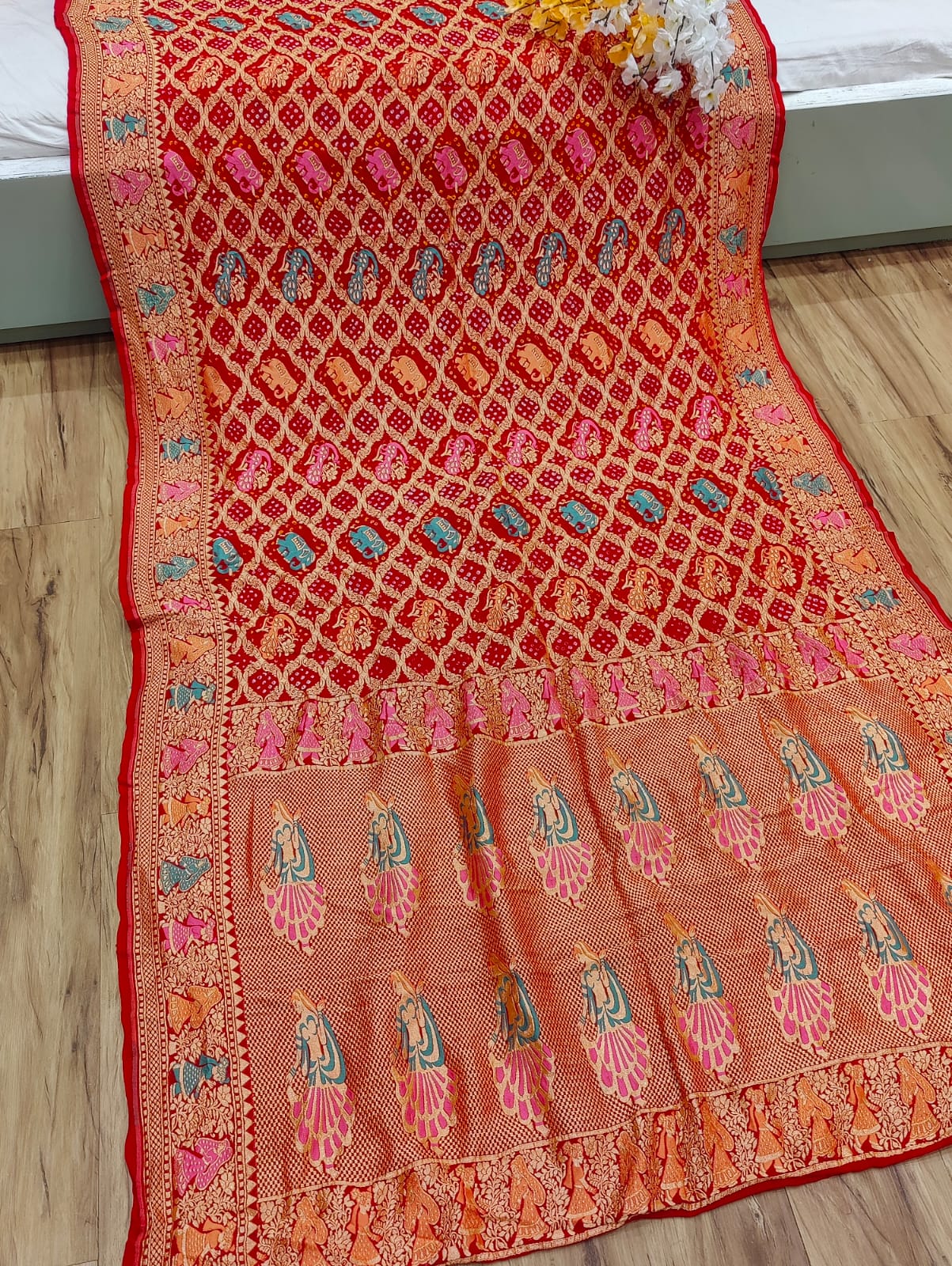 KcPcFigure Design Khaddi Georgette Janglaw Bandhani Neemzari Saree Red
