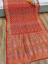 KcPcFigure Design Khaddi Georgette Janglaw Bandhani Neemzari Saree Red