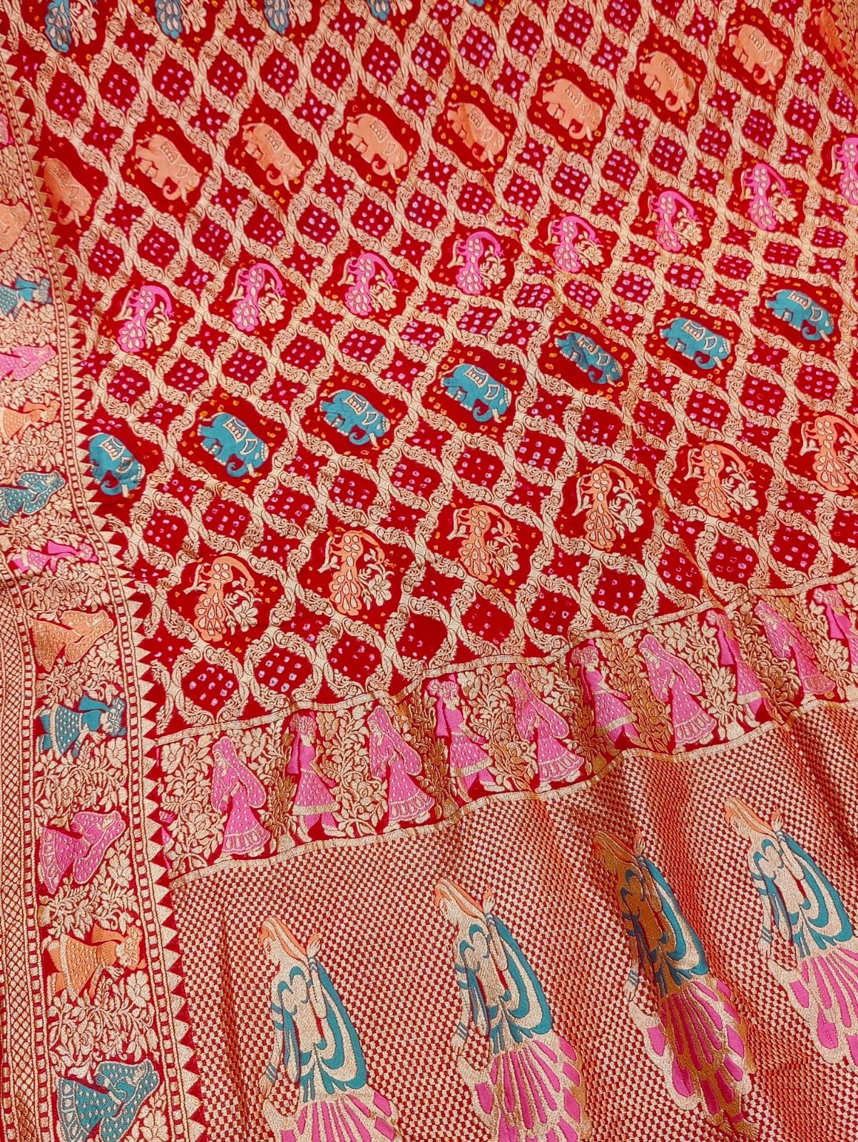 KcPcFigure Design Khaddi Georgette Janglaw Bandhani Neemzari Saree Red