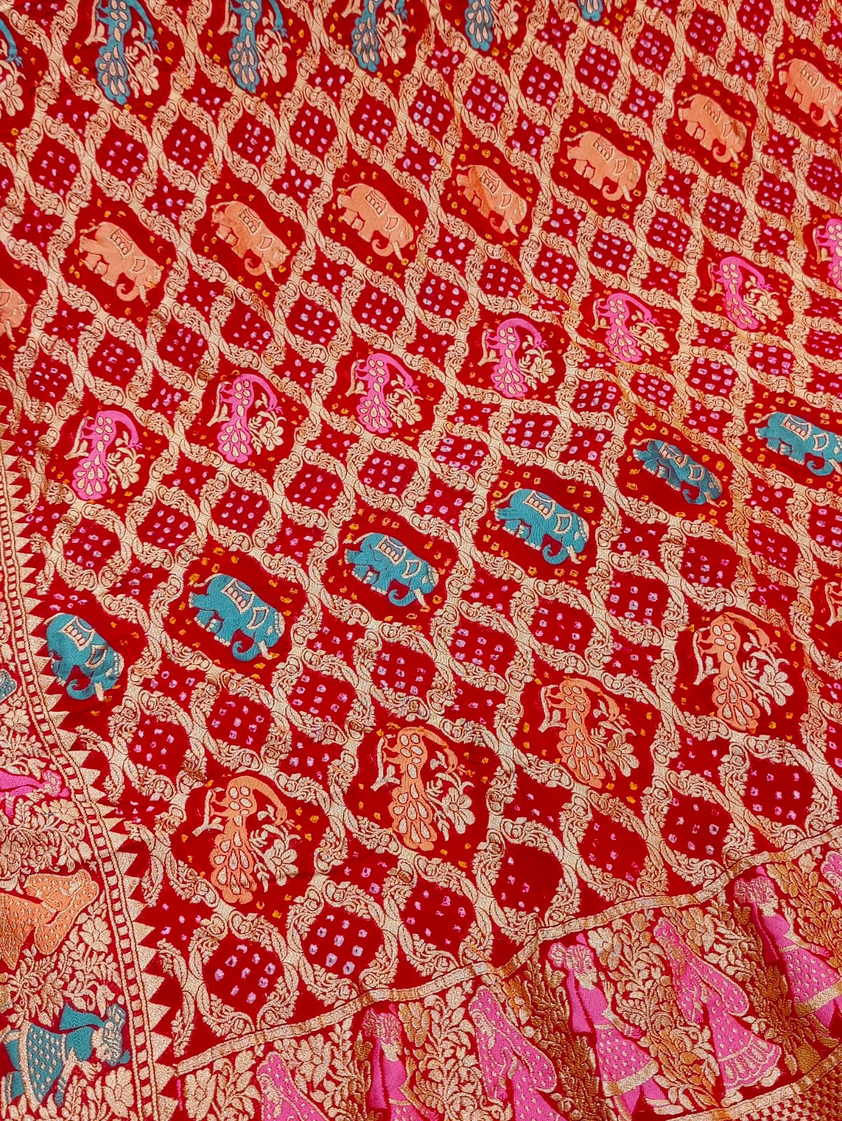 KcPcFigure Design Khaddi Georgette Janglaw Bandhani Neemzari Saree Red