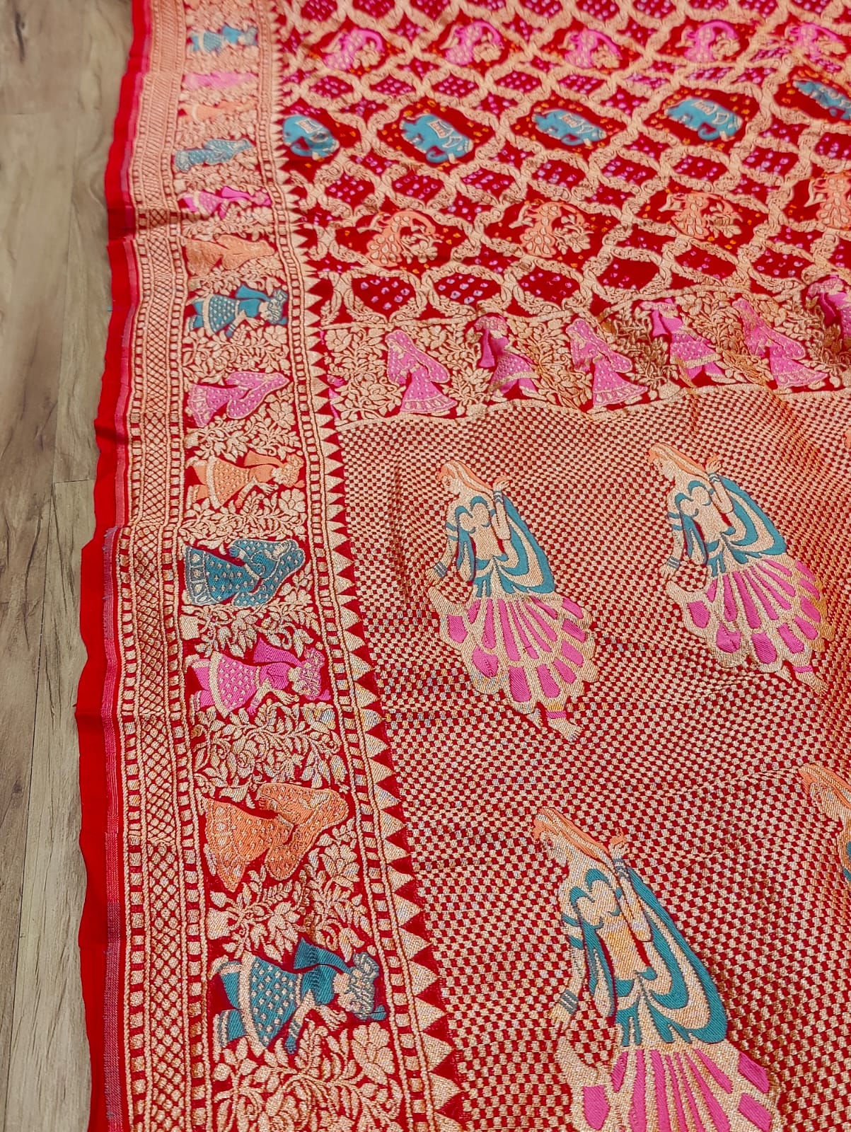 KcPcFigure Design Khaddi Georgette Janglaw Bandhani Neemzari Saree Red