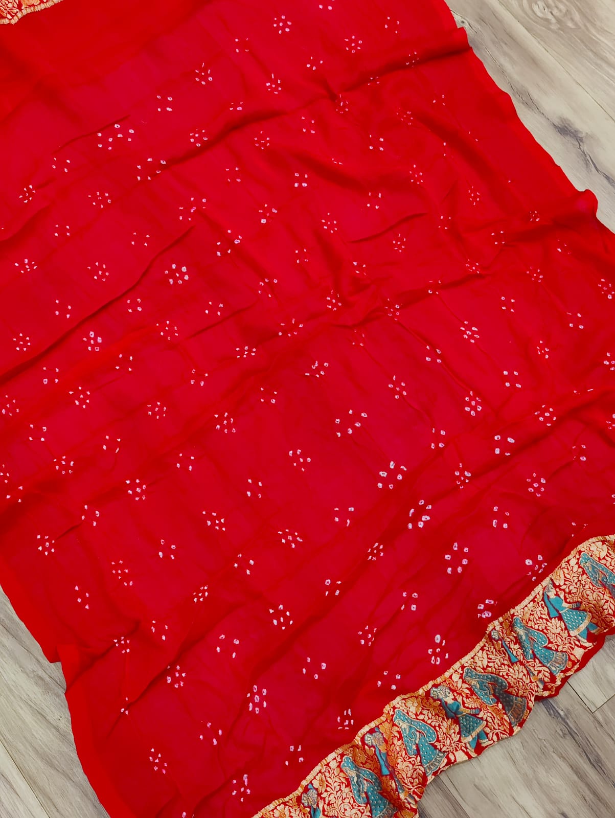 KcPcFigure Design Khaddi Georgette Janglaw Bandhani Neemzari Saree Red