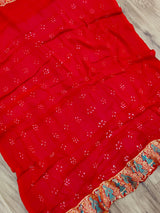 KcPcFigure Design Khaddi Georgette Janglaw Bandhani Neemzari Saree Red
