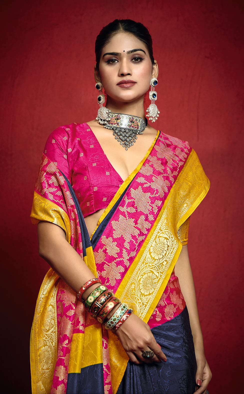 By New Beautiful Banarasi With Zari border Work Saree