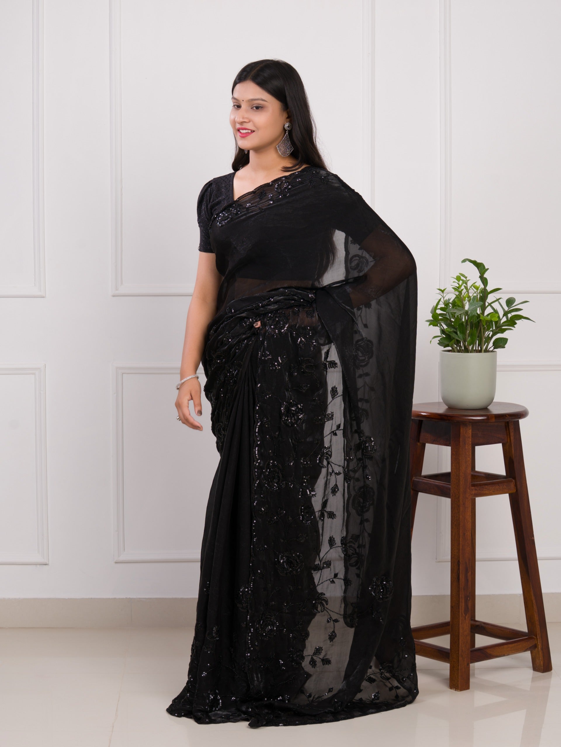 Organza Bollywood Style Cutdana tari Work Saree in black colour
