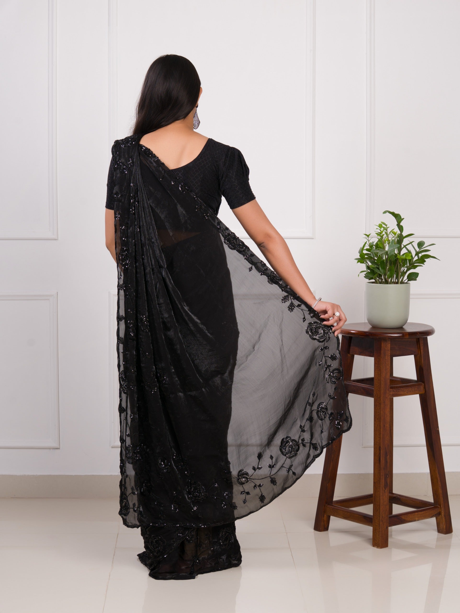 Organza Bollywood Style Cutdana tari Work Saree in black colour
