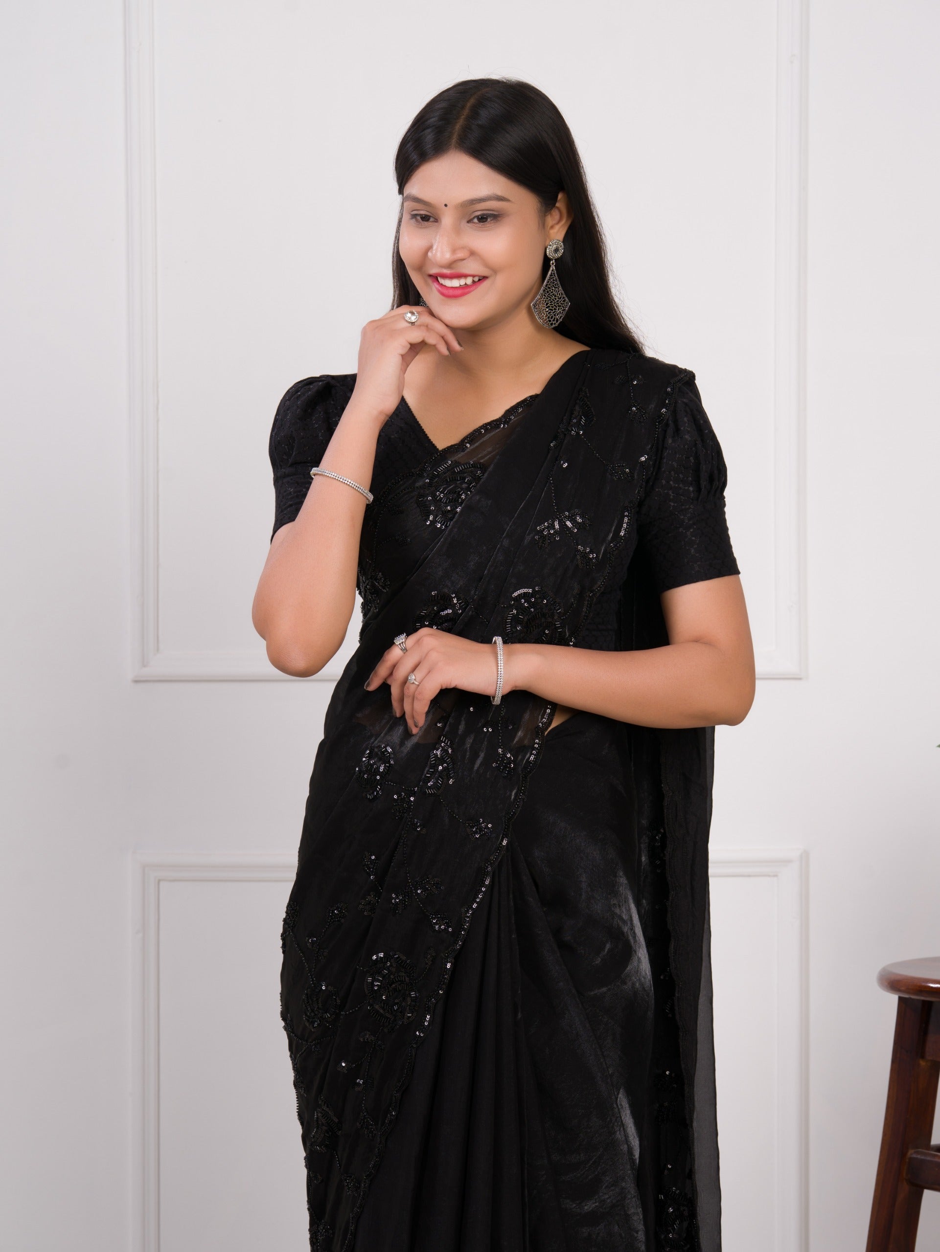Organza Bollywood Style Cutdana tari Work Saree in black colour