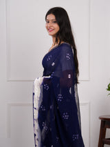 navy blue saree with white pattern with bandhani style