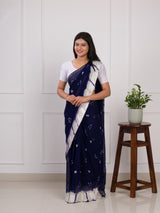 navy blue saree with white pattern with bandhani style