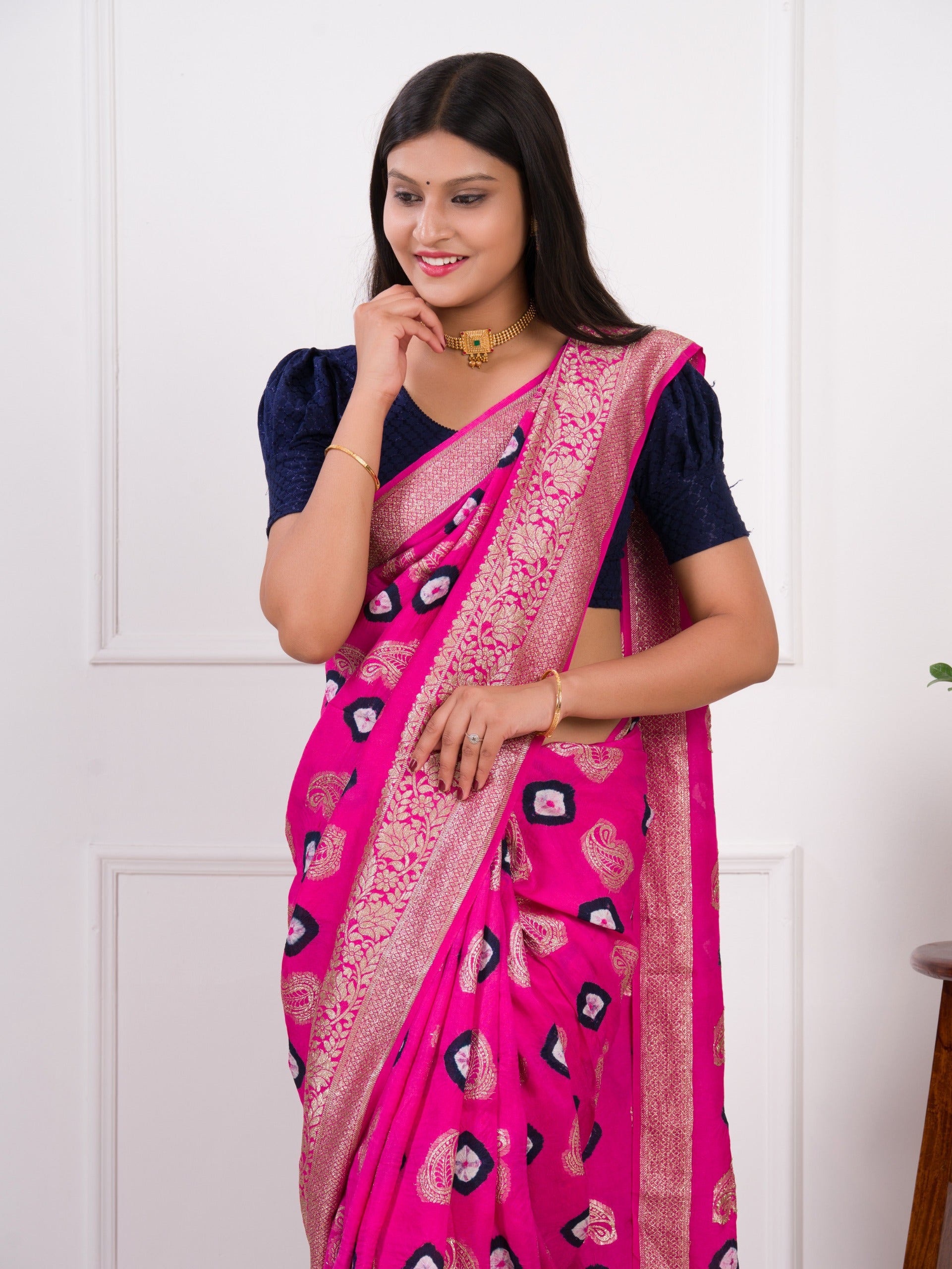 Dola Silk Bandhani Zari Weaving Work Saree in pink colour