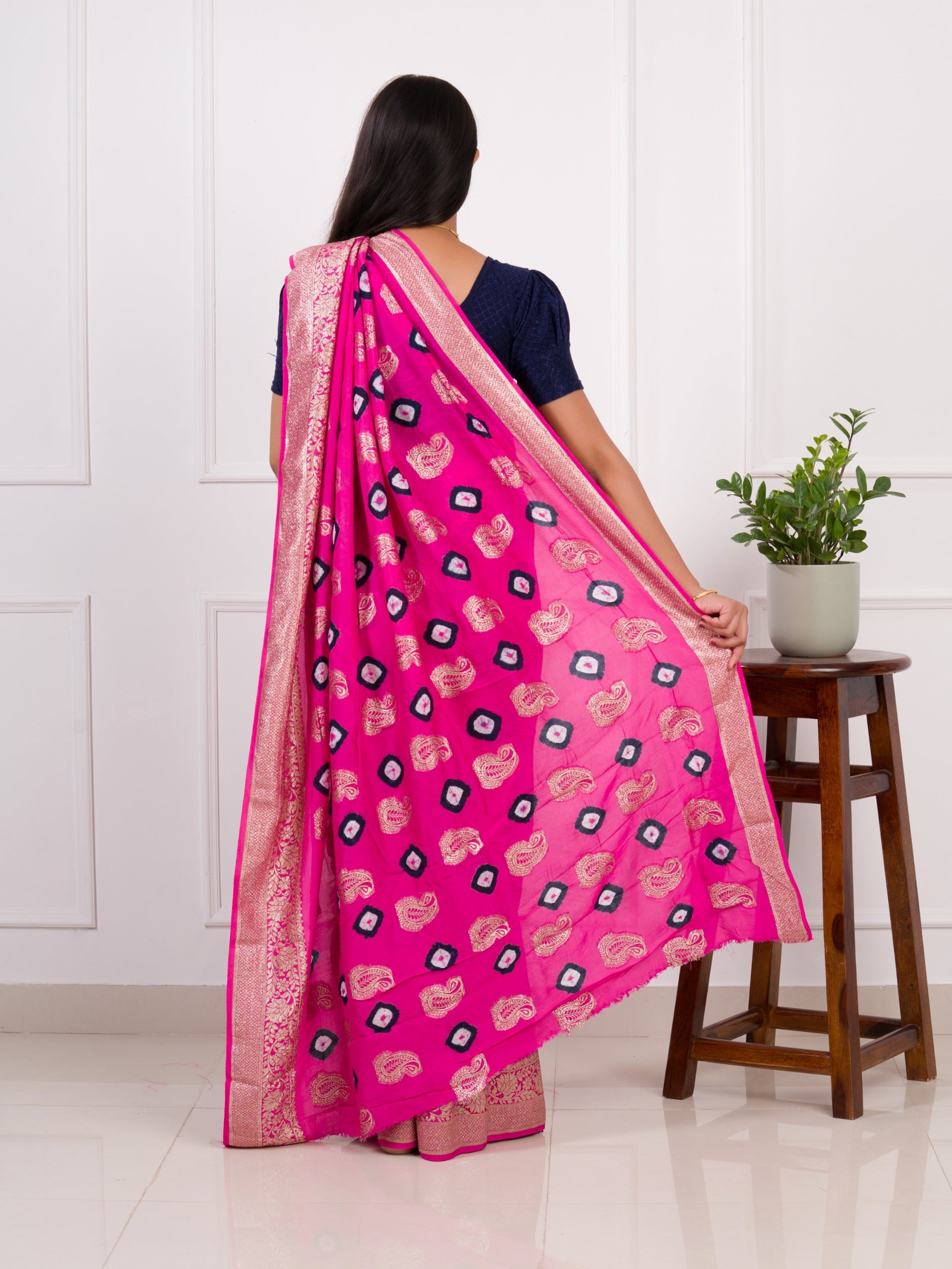 Dola Silk Bandhani Zari Weaving Work Saree in pink colour
