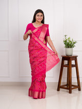 Cotton Silk Bandhani Style With Zari Border Work Sareein pink colour
