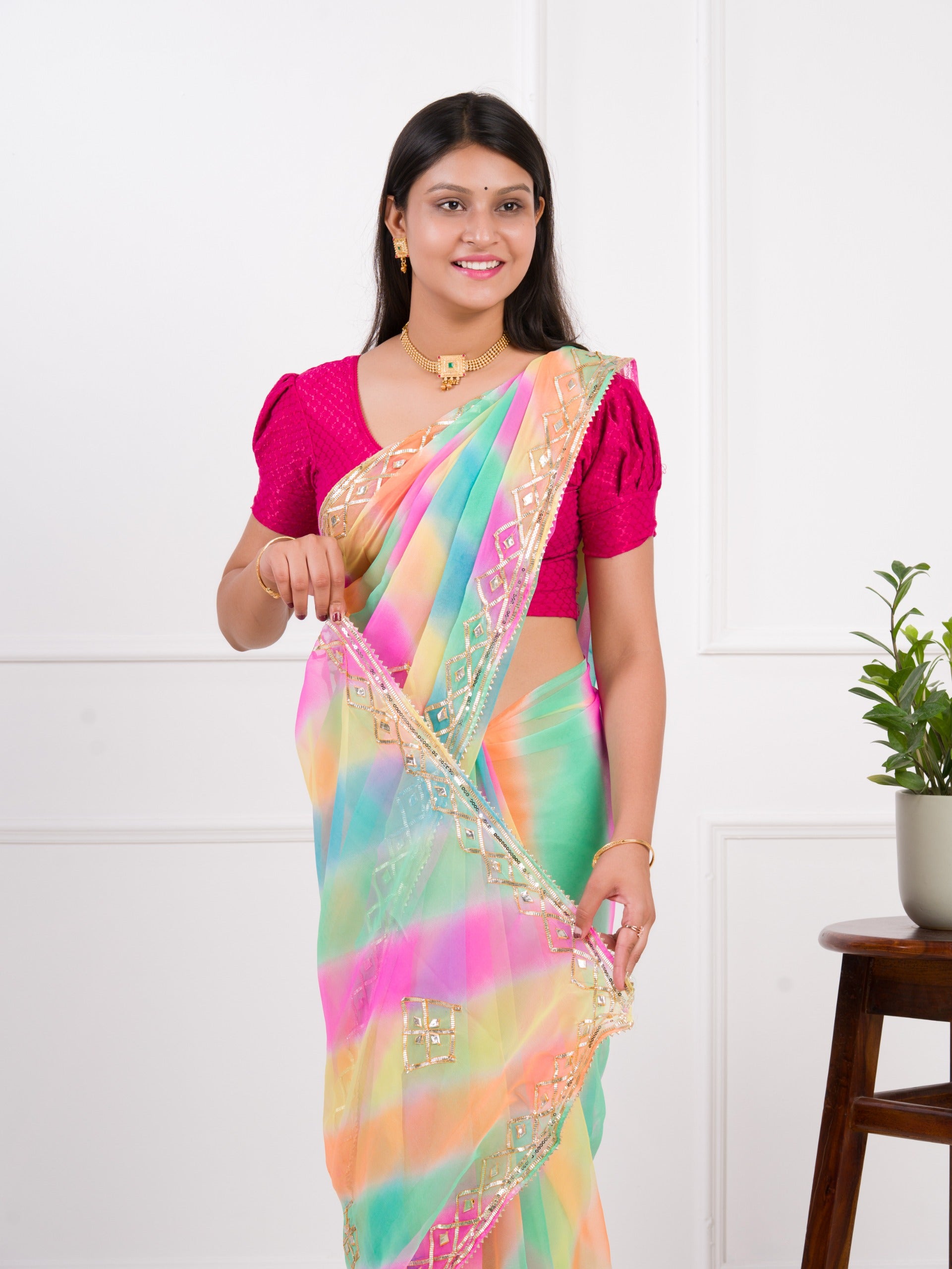 KcPc New Lightweight Chiffon Leheriya Saree with Gota Patti Work AMT