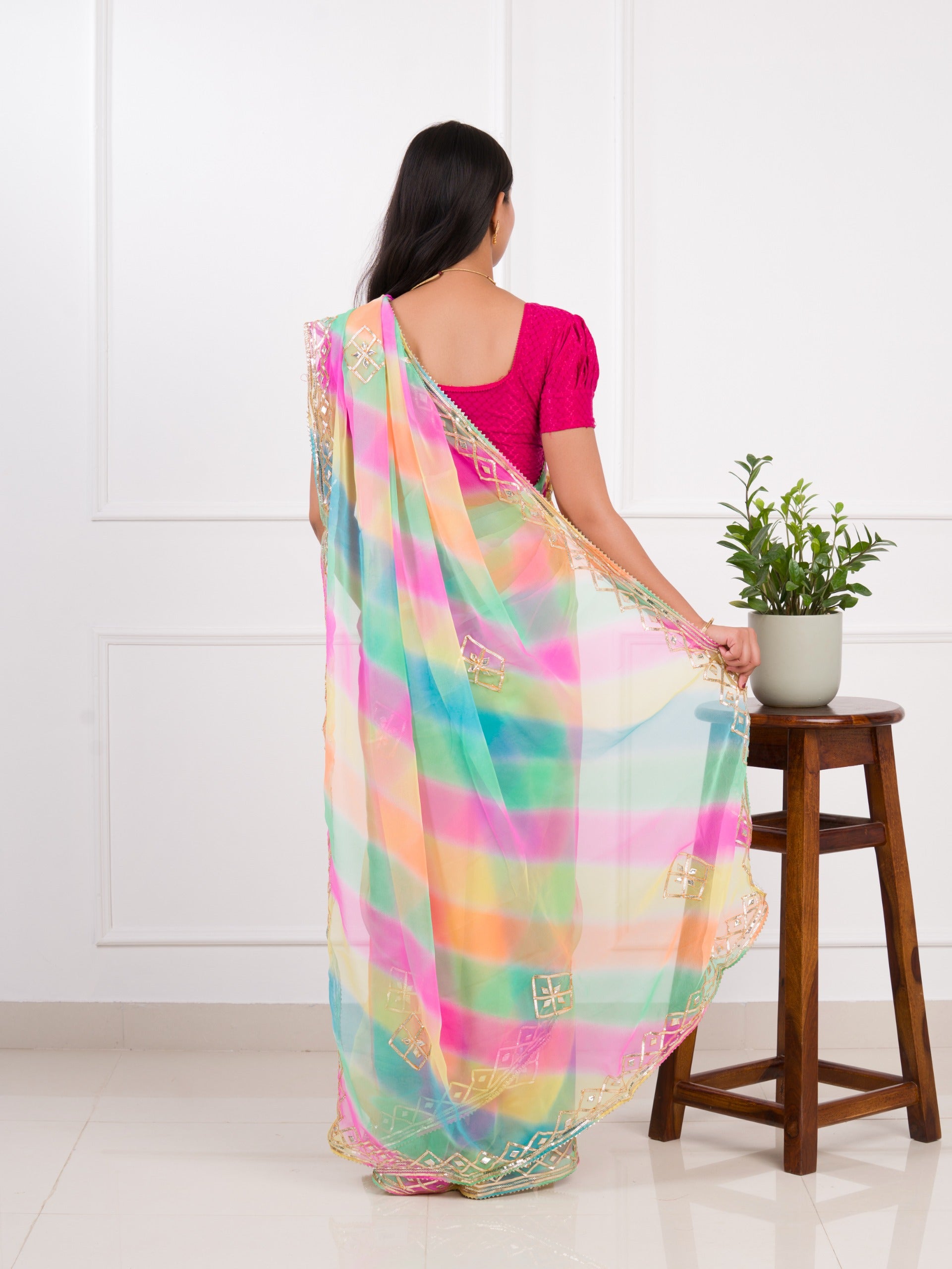 KcPc New Lightweight Chiffon Leheriya Saree with Gota Patti Work AMT